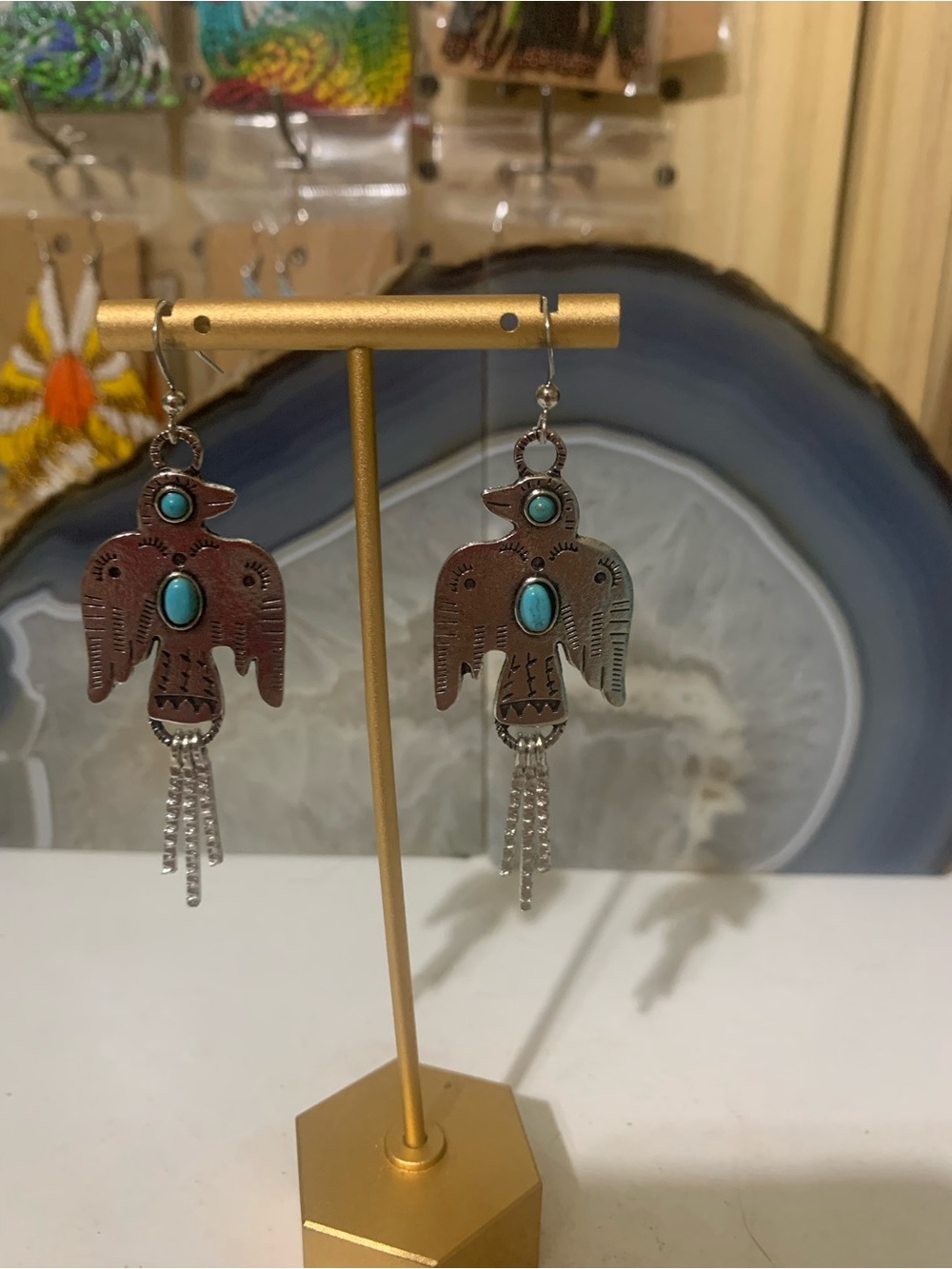 Faux Turquoise Accent Thunderbird Dropping Earrings - Women Jewelry